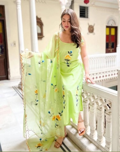 Elegant Light Green Floral Viscose Readymade Kurti